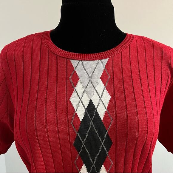 Vintage Alfred Dunner Argyle Short Sleeve Red Pullover Knit Sweater Top Medium - Picture 9 of 11